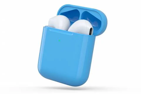 Wireless bluetooth headphones in blue case isolated on white background Stock Illustration
