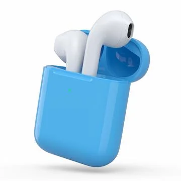 Wireless bluetooth headphones in blue case isolated on white background Stock Illustration