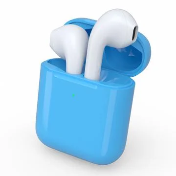 Wireless bluetooth headphones in blue case isolated on white background Stock Illustration