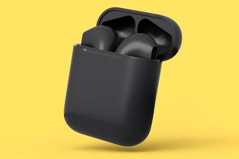 Wireless bluetooth headphones in case isolated on yellow monochrome backgroun Stock Illustration