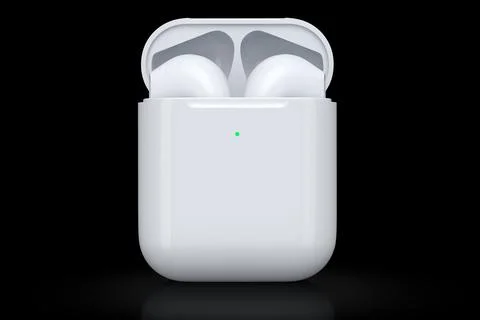 Wireless bluetooth headphones in white case isolated on black background Stock Illustration