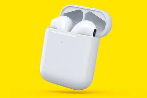 Wireless bluetooth headphones in white case isolated on yellow background Stock Illustration