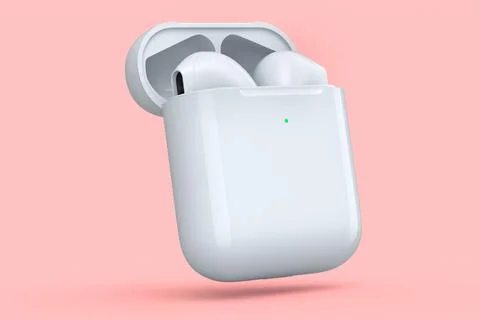 Wireless bluetooth headphones in white case isolated on pink background Stock Illustration