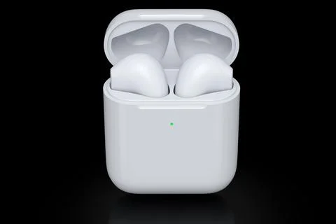 Wireless bluetooth headphones in white case isolated on black background Stock Illustration
