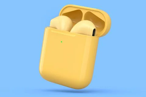 Wireless bluetooth headphones in yellow case isolated on blue background Stock Illustration