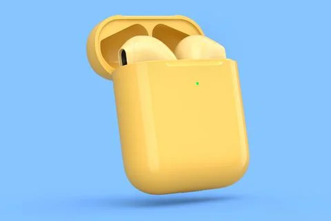 Wireless bluetooth headphones in yellow case isolated on blue background Stock Illustration