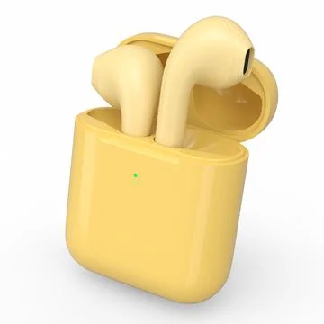Wireless bluetooth headphones in yellow case isolated on white background Stock Illustration