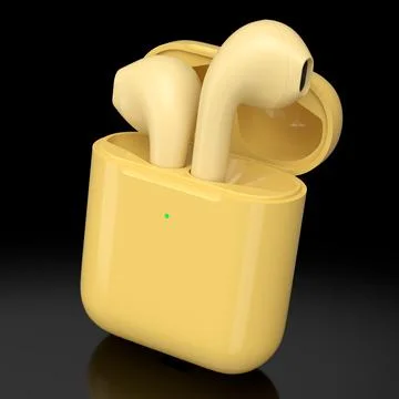 Wireless bluetooth headphones in yellow case isolated on black background Stock Illustration