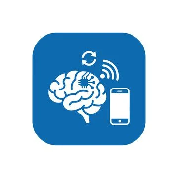 Wireless brain implant mobile app icon with brain chip wifi and smartphone. Stock Illustration