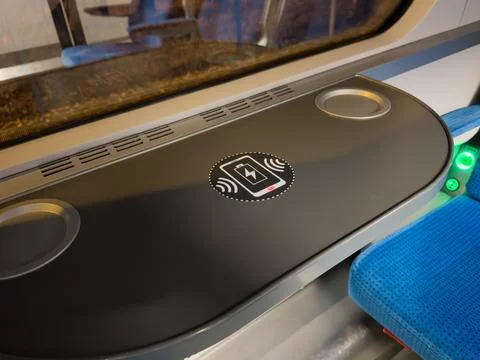 Wireless charging icon on a sleek train table, providing convenient mobile Stock Photos