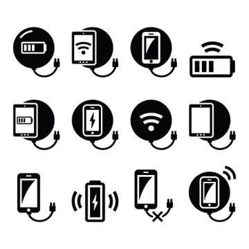 Wireless charging pad for smartphone or tablet icons set Stock Illustration