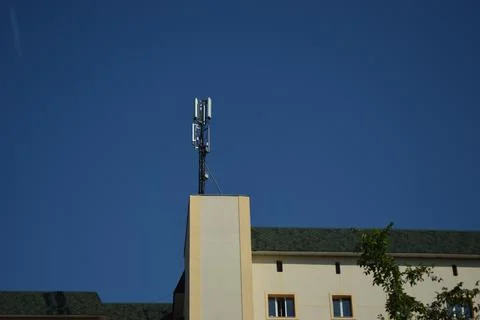 Wireless Communication Antenna Transmitter. Macro Base Station radio network Stock Photos