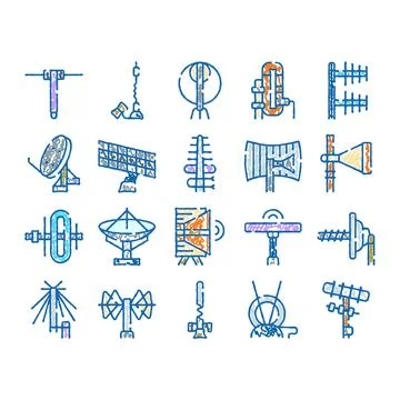 Wireless communication antenna types transmitting technology signals Stock Illustration