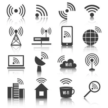 Wireless communication network icons set Stock Illustration