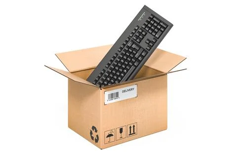 Wireless Computer Keyboard inside cardboard box, delivery concept. 3D renderi Stock Illustration