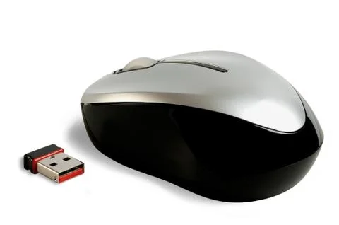 Wireless computer mouse and radio nano receiver. Stock Photos