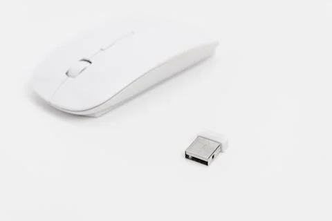 Wireless computer mouse and USB receiver on white background Stock Photos
