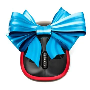 Wireless computer mouse with blue bow, 3D rendering Illustrazione stock