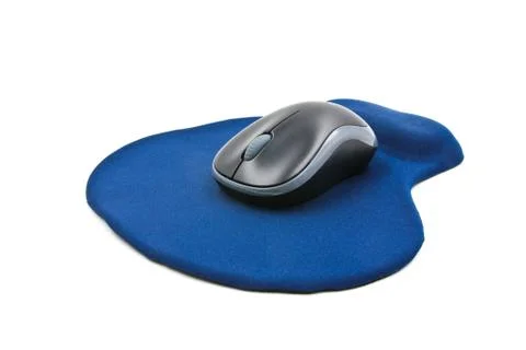Wireless computer mouse on blue mouse pad isolated on white background Stock Photos