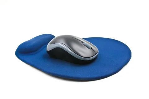 Wireless computer mouse on blue mouse pad isolated on white background Stock Photos