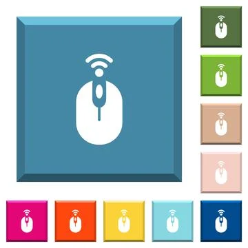 Wireless computer mouse white icons on edged square buttons Illustrazione stock