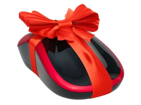 Wireless Computer Mouse wrapped ribbon and bow, gift concept. 3D rendering Illustrazione stock