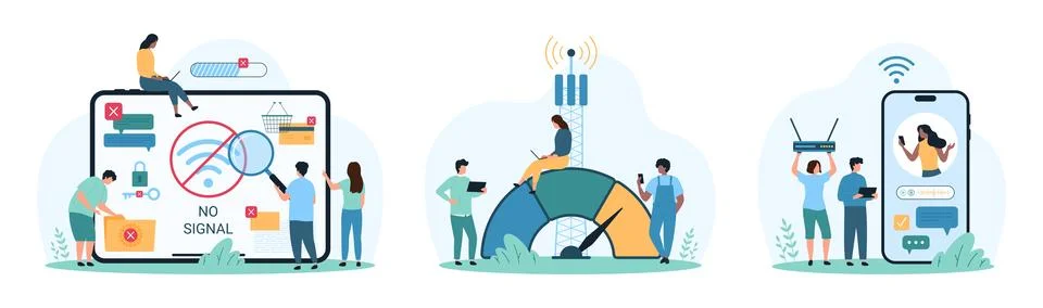 Wireless connection and access, speed test set, tiny people measure internet 스톡 일러스트
