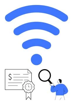 Wireless Connectivity and Digital Certification Validity with Magnifying Glas Stock Illustration