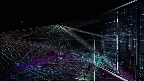 Wireless data cloud in Data Center Flowing Through Rack Servers. Stock Footage 113299325