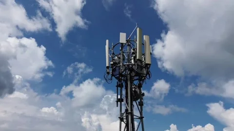 Wireless data station aerial view. Cell tower. High speed internet 5g Video stock 296689132