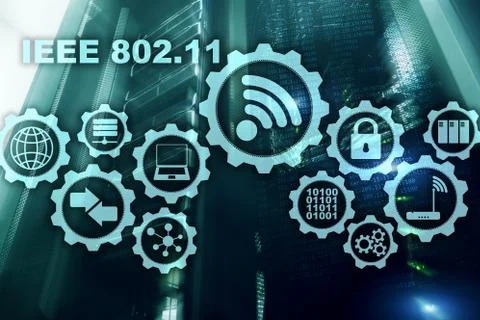 Wireless data transmission concept IEEE 802.11. Server background. Stock Photos