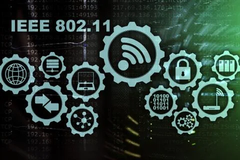 Wireless data transmission concept IEEE 802.11. Server background. Stock Photos