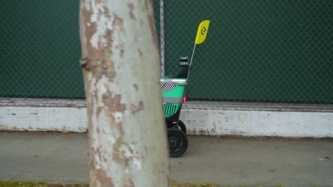 Wireless delivery robot driving on urban street Stock Footage 242887801