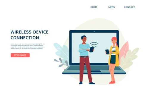 Wireless device connection website mockup with people flat vector illustration. Stock Illustration