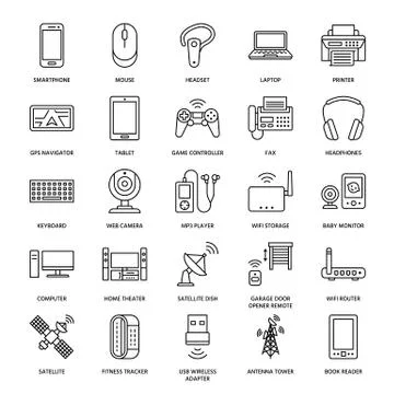 Wireless devices flat line icons. Wifi internet connection technology signs Illustrazione stock
