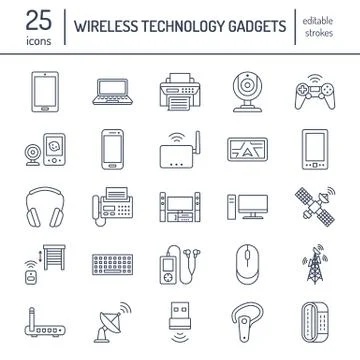Wireless devices flat line icons. Wifi internet connection technology signs Stock Illustration