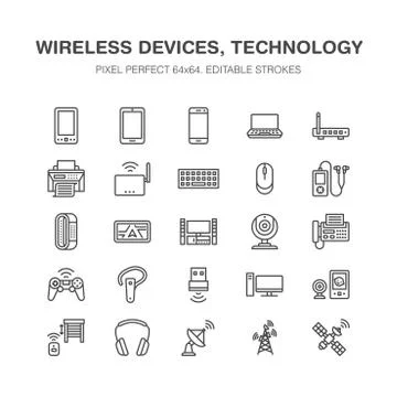 Wireless devices flat line icons. Wifi internet connection technology signs Stock Illustration