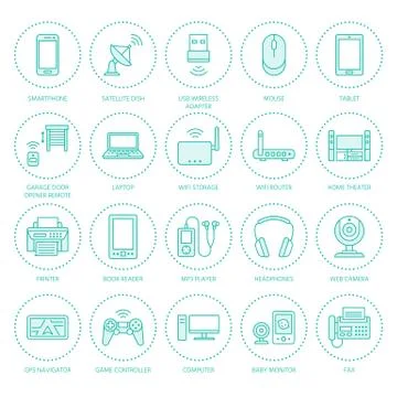 Wireless devices flat line icons. Wifi internet connection technology signs Stock Illustration