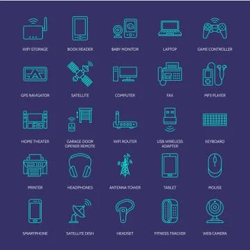 Wireless devices flat line icons. Wifi internet connection technology signs Illustrazione stock