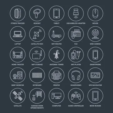 Wireless devices flat line icons. Wifi internet connection technology signs Stock Illustration