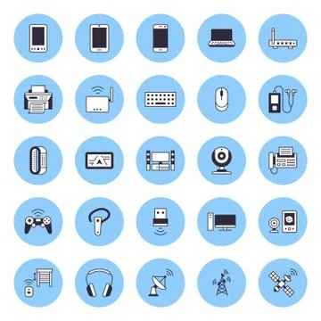 Wireless devices flat line icons. Wifi internet connection technology signs Stock Illustration