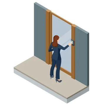 Wireless door lock vector icon, smart lock system. Isometric woman holding a key Illustrazione stock