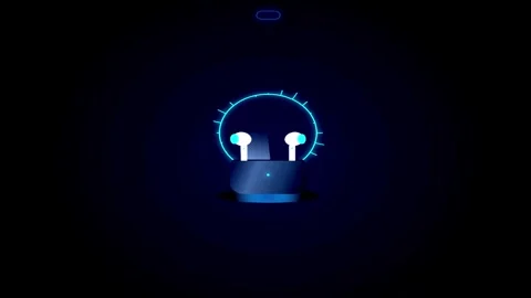 Wireless earbuds charging case and two earphones floating inside a glowing .. Vídeo Stock 344710337
