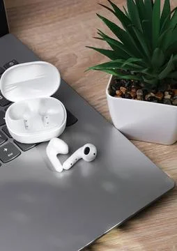 Wireless earbuds with charging case on laptop next to plant Stock Photos
