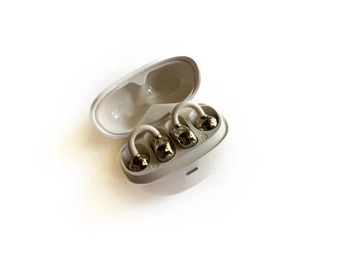Wireless earbuds with charging case Stock Photos
