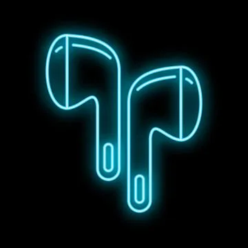 Wireless earbuds glowing neon blue on black background Stock Illustration