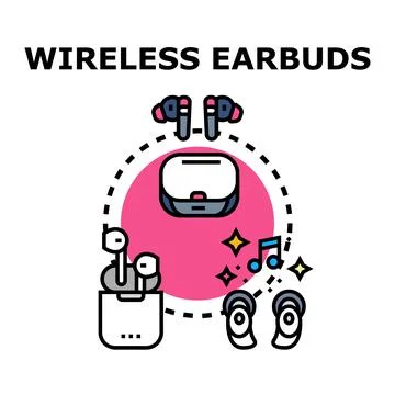 Wireless earbuds listening audio connecting mobile device Stock Illustration