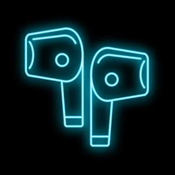 Wireless earbuds neon icon glowing in blue light Stock Illustration