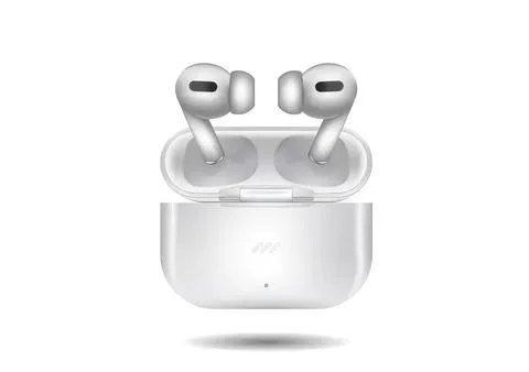Wireless earbuds in open charging case on white background 스톡 일러스트