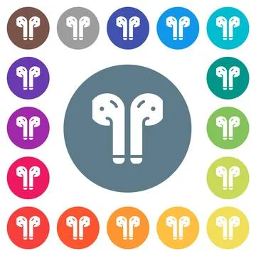 Wireless earphones solid flat white icons on round color backgrounds Stock Illustration